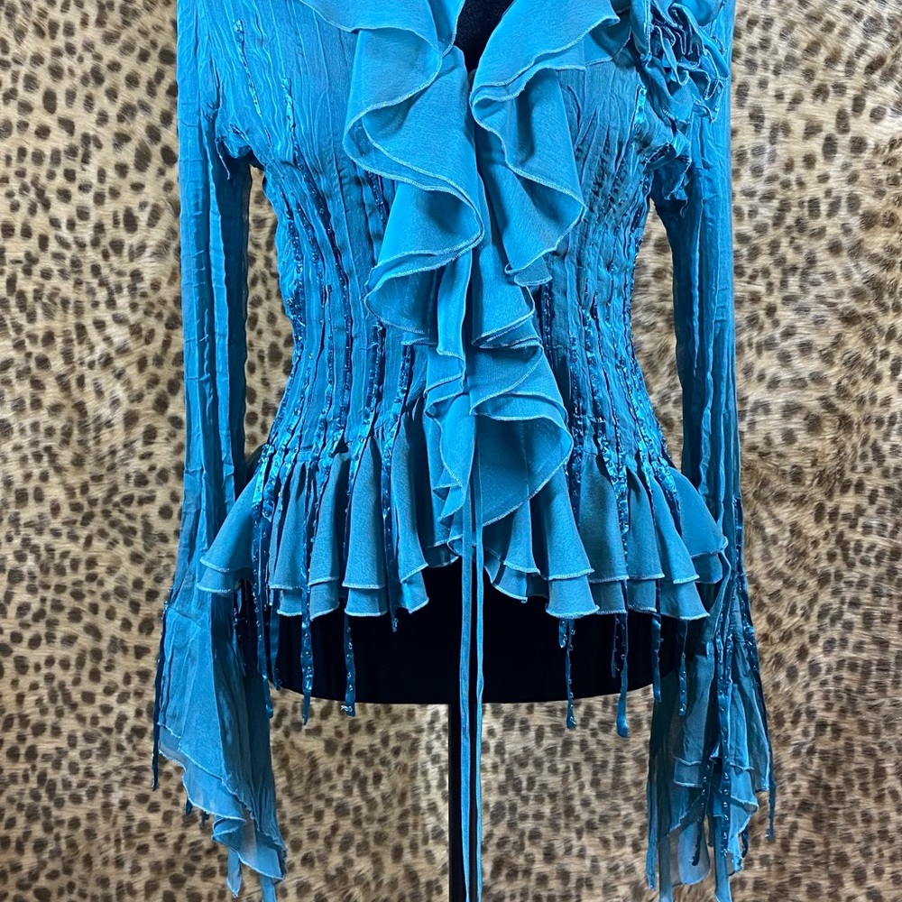 Teal Ruffle Blouse - Long Sleeve